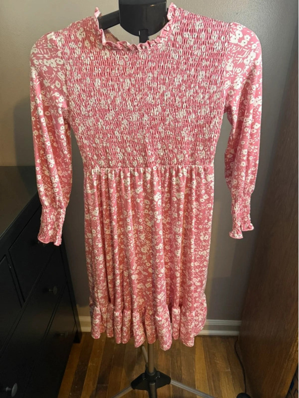 Girls XL Pink Floral Smocked Long Sleeve Dress NWOT